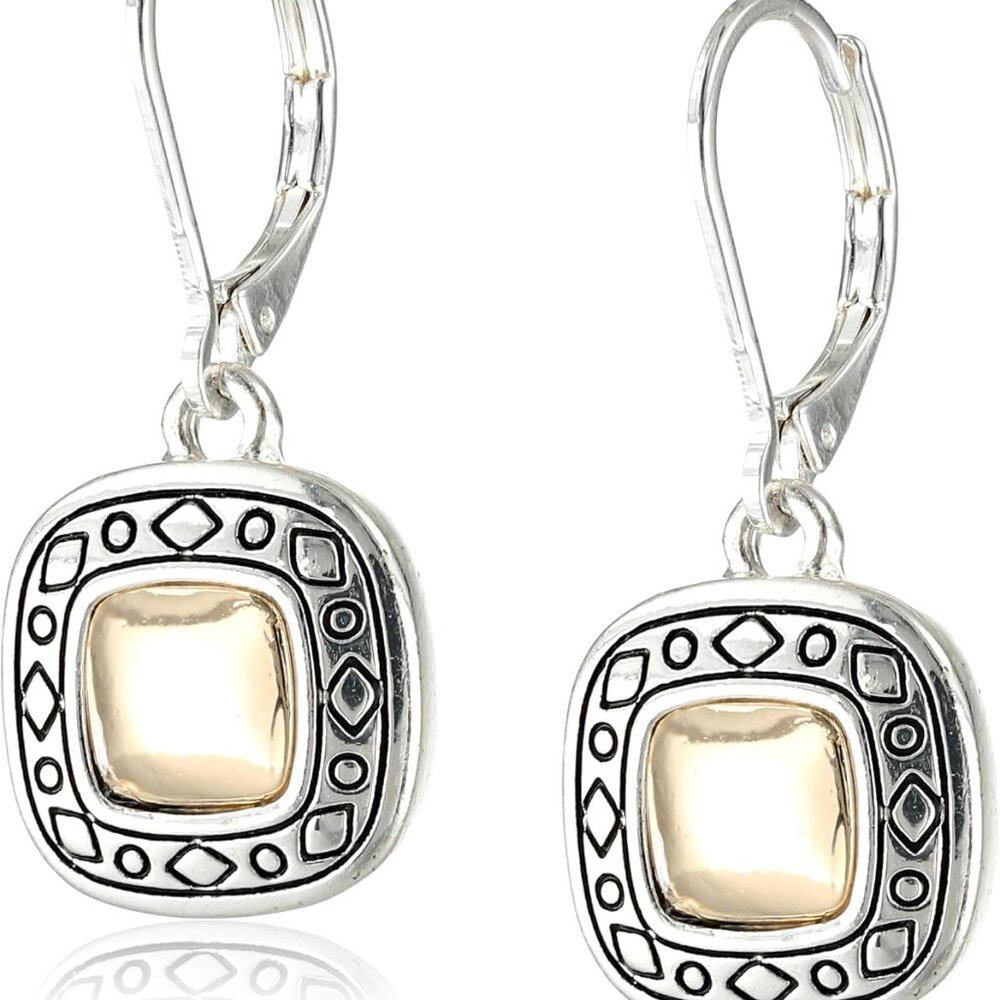 Pattern Balance Two Tone Leverback Drop Earrings - Picture 1 of 2